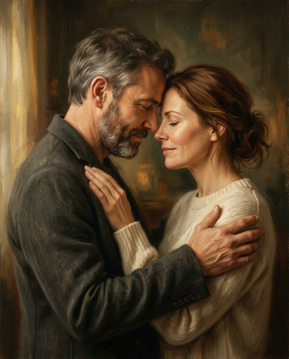Painterly memorial portrait of an elderly couple embracing in soft warm light