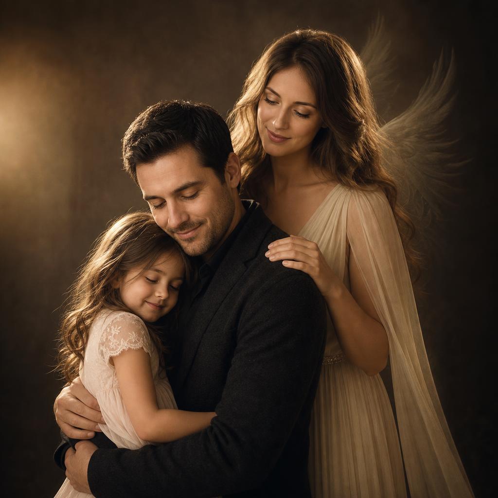 Sample Angel Presence memorial portrait — Father, daughter & late mother